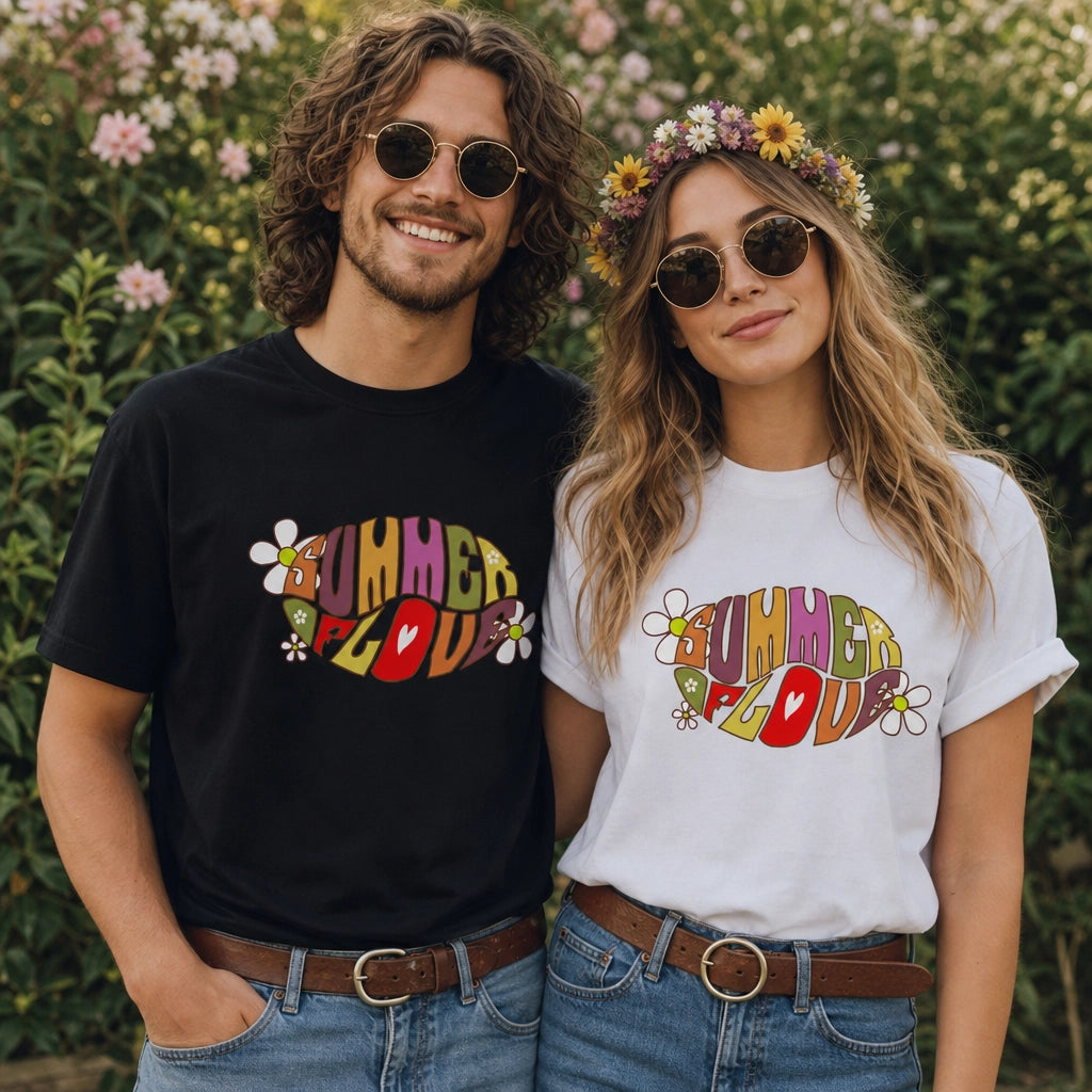 Unisex t-shirt featuring retro Summer of Love psychedelic typography in a vibrant 60s groovy font and vintage color palette.