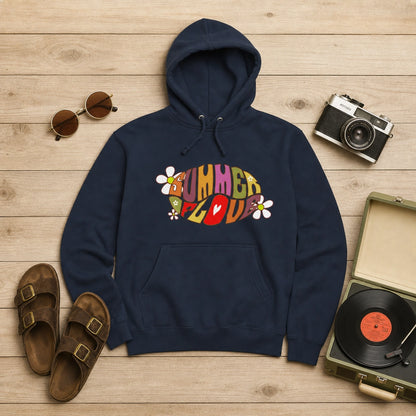Unisex hoodie featuring retro Summer of Love psychedelic typography in a vintage 1960s groovy font and vibrant colors.