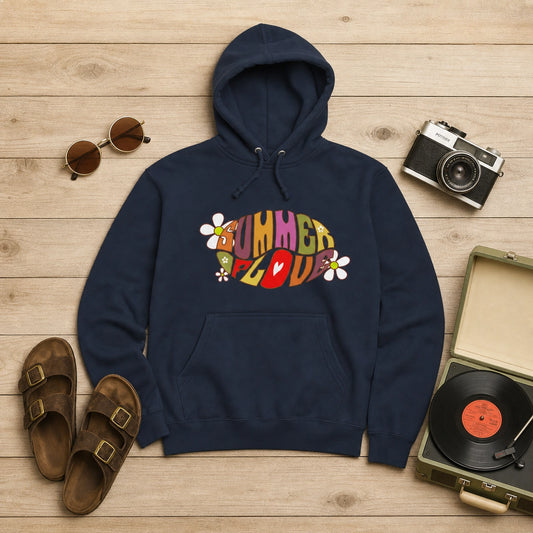 Unisex hoodie featuring retro Summer of Love psychedelic typography in a vintage 1960s groovy font and vibrant colors.