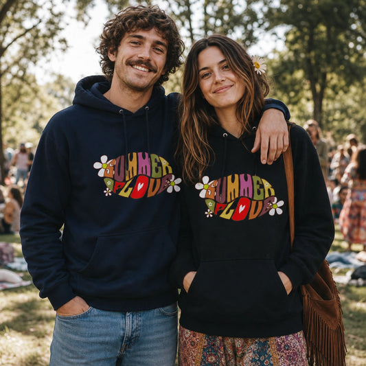 Unisex hoodie featuring retro Summer of Love psychedelic typography in a vintage 1960s groovy font and vibrant colors.