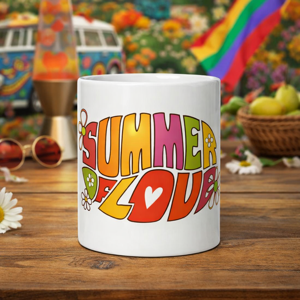 Retro Summer of Love Psychedelic Typography - White glossy mug