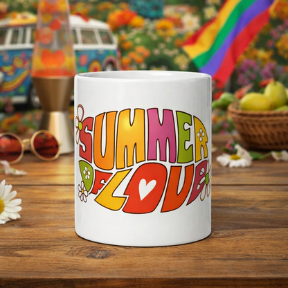 Retro Summer of Love Psychedelic Typography - White glossy mug