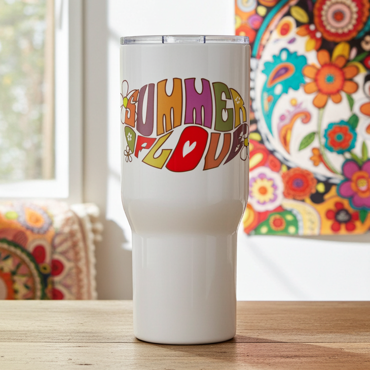 Retro Summer of Love Psychedelic Typography - Travel mug with a handle
