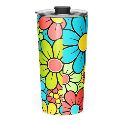 Vibrant 70s retro floral pattern with colorful blue, yellow, and red flowers for a boho-style travel mug design.