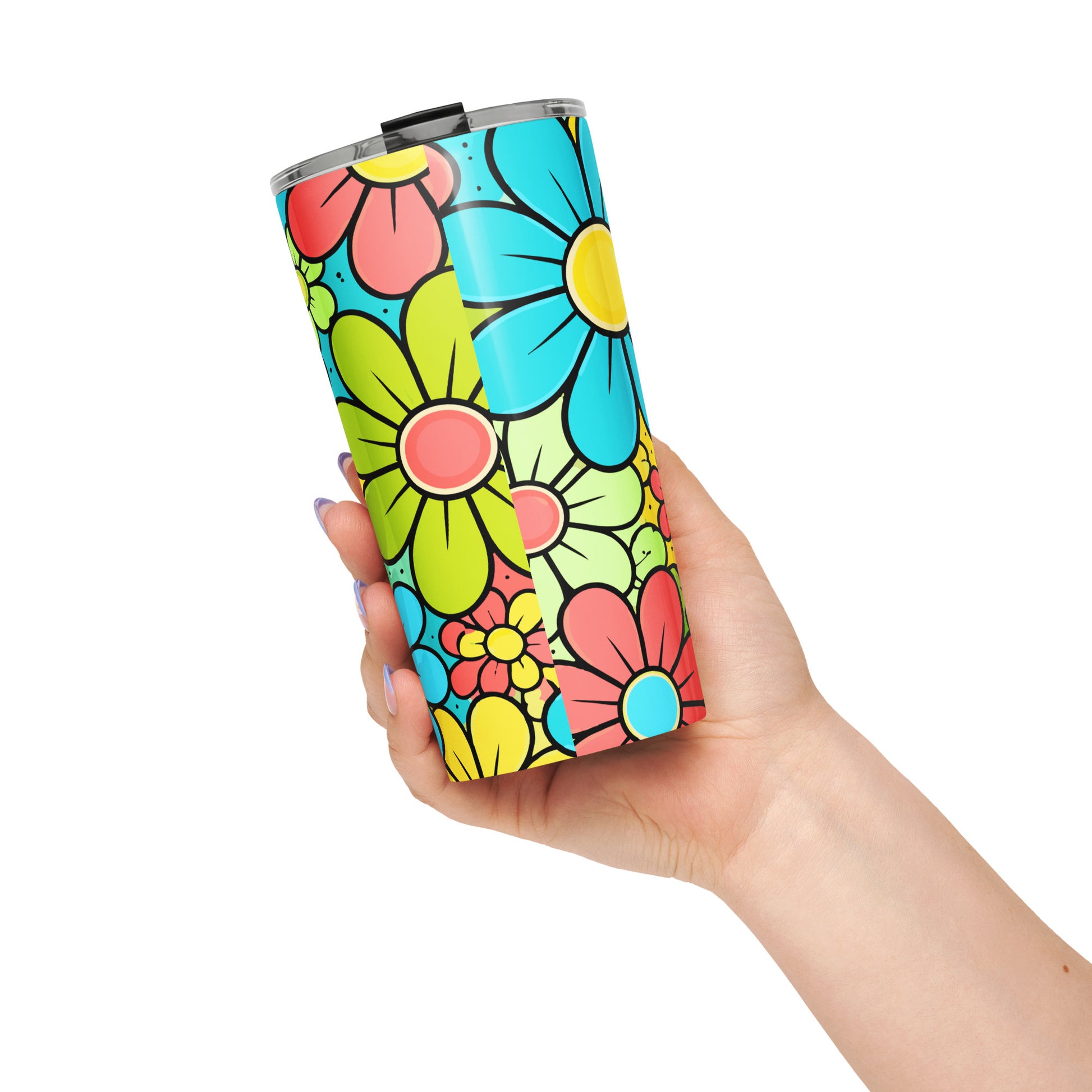 Vibrant 70s retro floral pattern with colorful blue, yellow, and red flowers for a boho-style travel mug design.