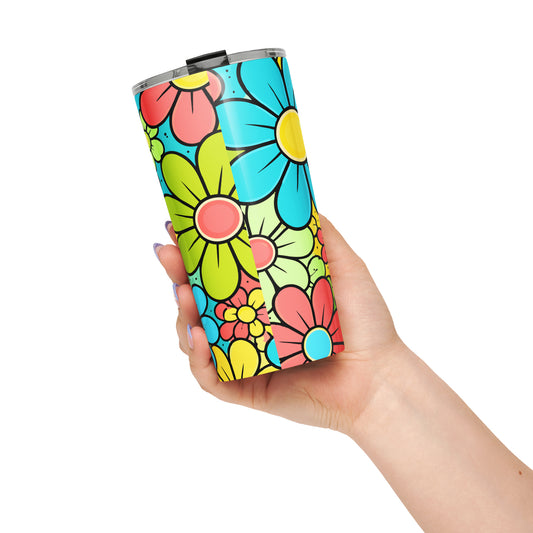 Vibrant 70s retro floral pattern with colorful blue, yellow, and red flowers for a boho-style travel mug design.