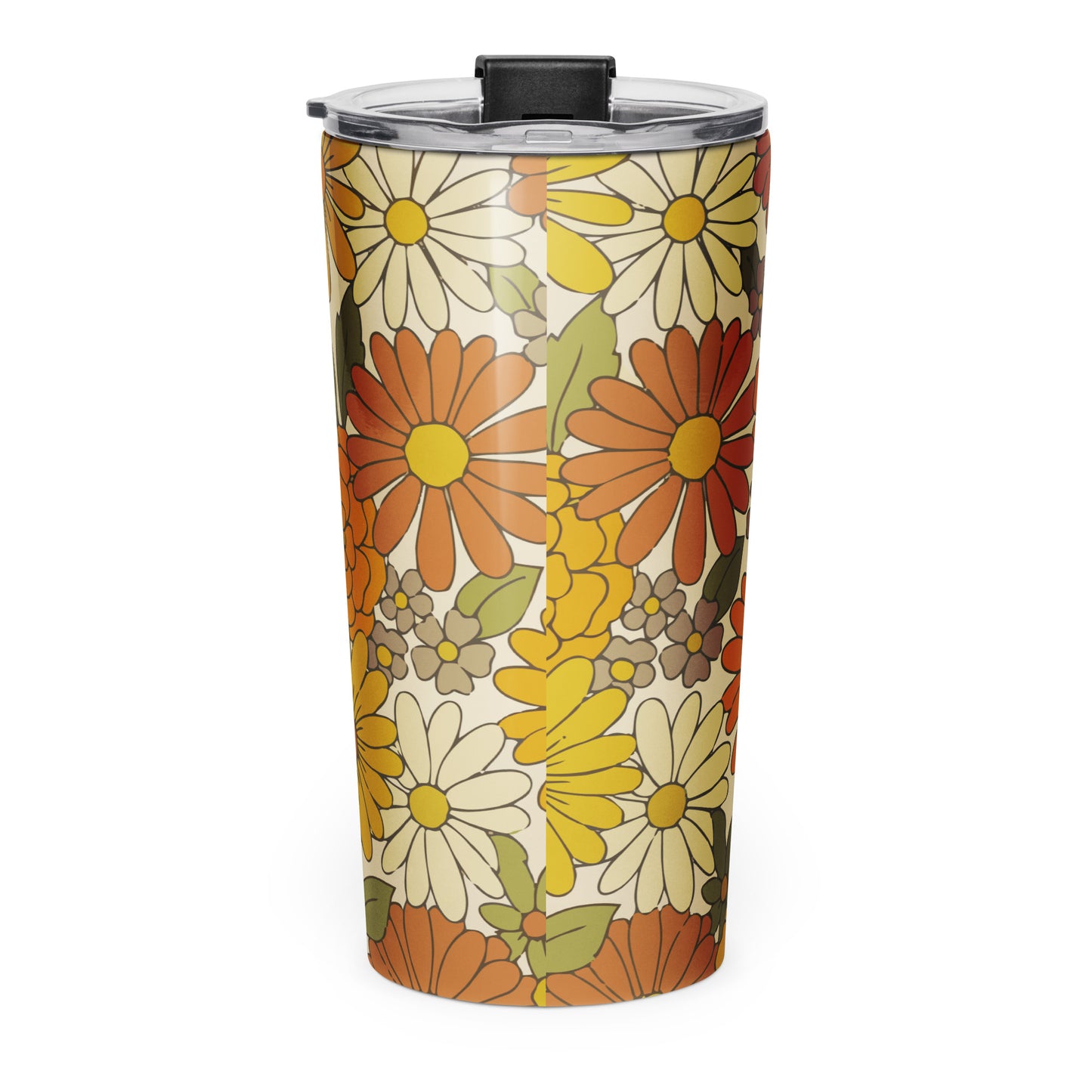 A stainless steel travel tumbler featuring a seamless retro groovy floral pattern with warm orange and yellow daisy blooms.