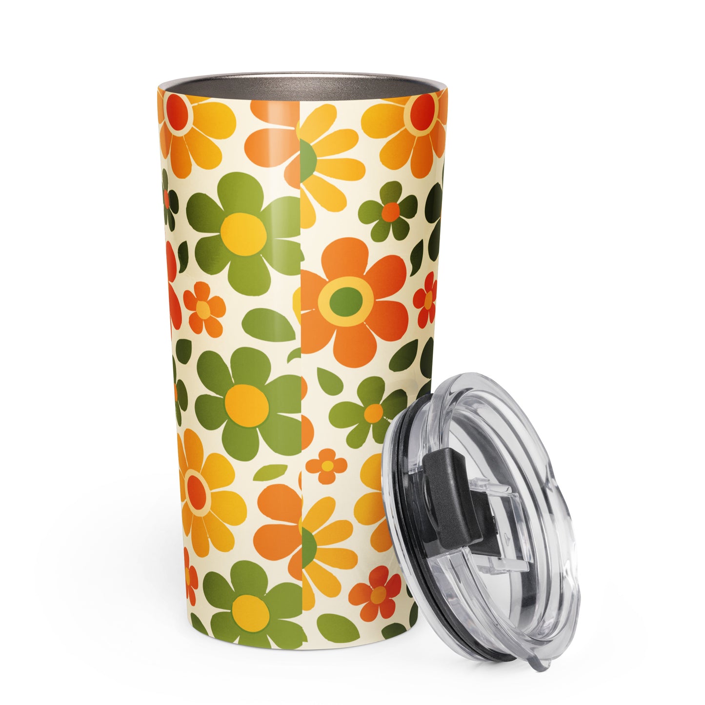 Groovy 1970s retro flower power floral pattern wrapping a stainless steel travel mug with vibrant orange daisy details.