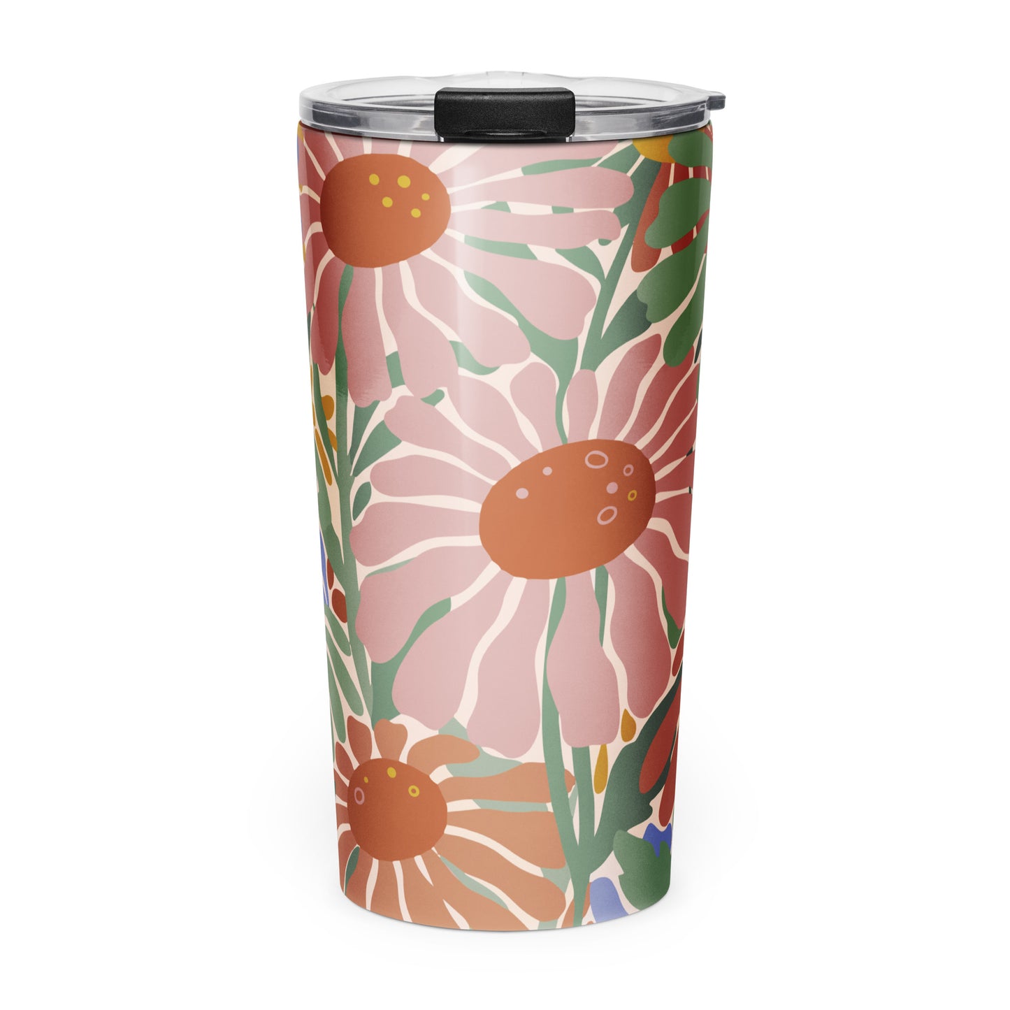 Retro 70s style flower power pattern with pink, green, and orange daisies on a bohemian insulated travel mug tumbler.