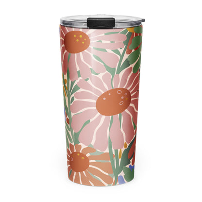 Retro 70s style flower power pattern with pink, green, and orange daisies on a bohemian insulated travel mug tumbler.