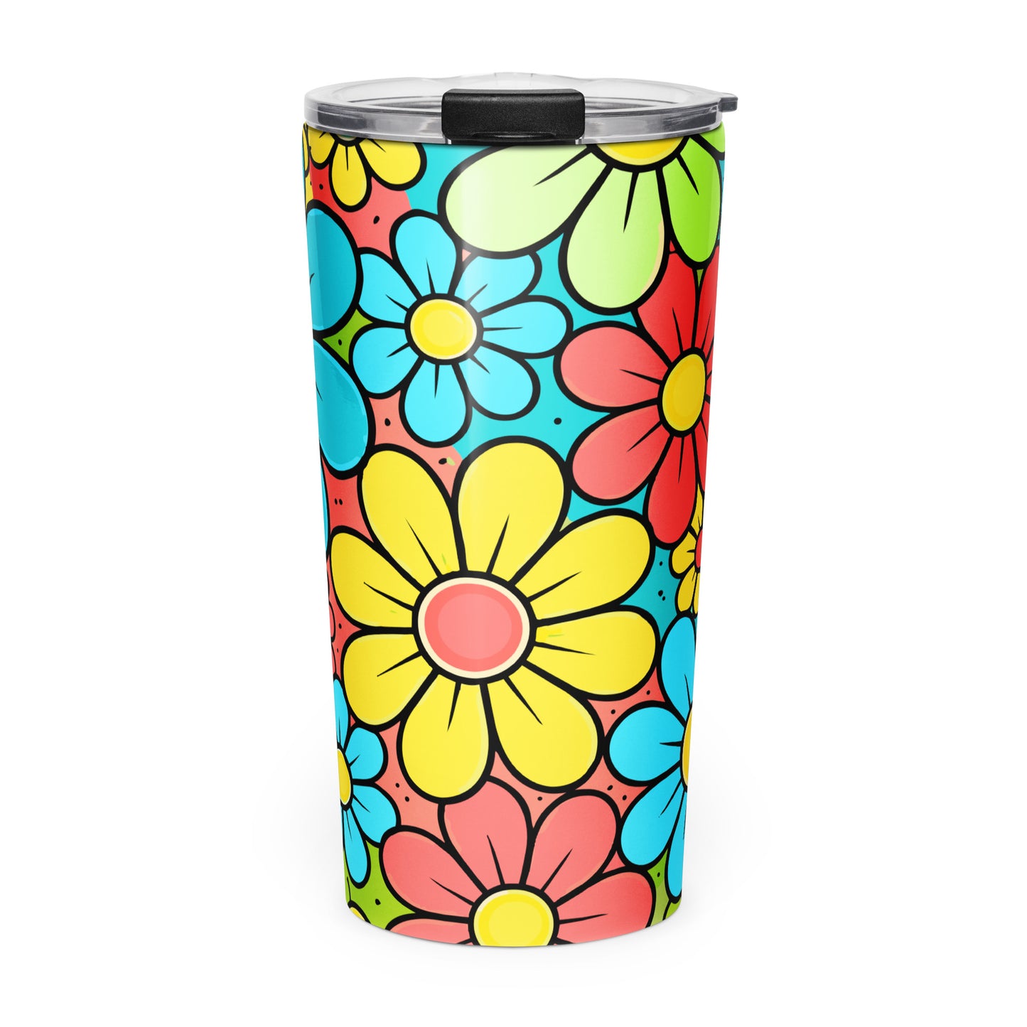 Vibrant 70s retro floral pattern with colorful blue, yellow, and red flowers for a boho-style travel mug design.