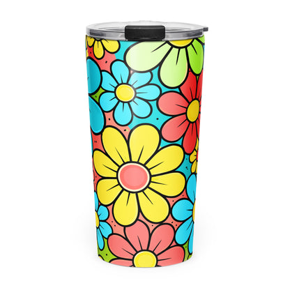 Vibrant 70s retro floral pattern with colorful blue, yellow, and red flowers for a boho-style travel mug design.