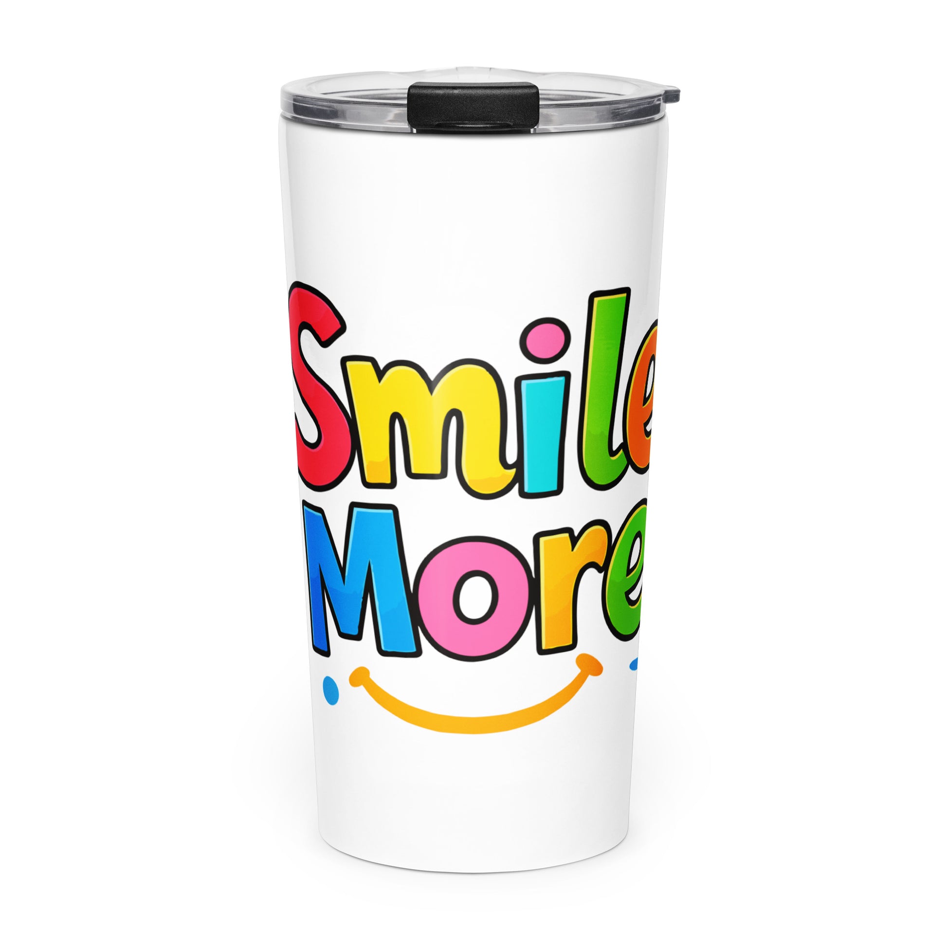 Smile More" bubbly lettering with a yellow sun-smile and pink heart on a black travel tumbler