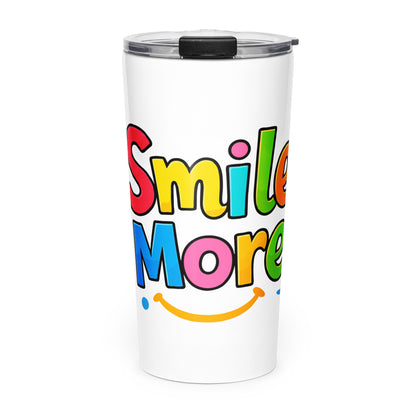 Smile More" bubbly lettering with a yellow sun-smile and pink heart on a black travel tumbler