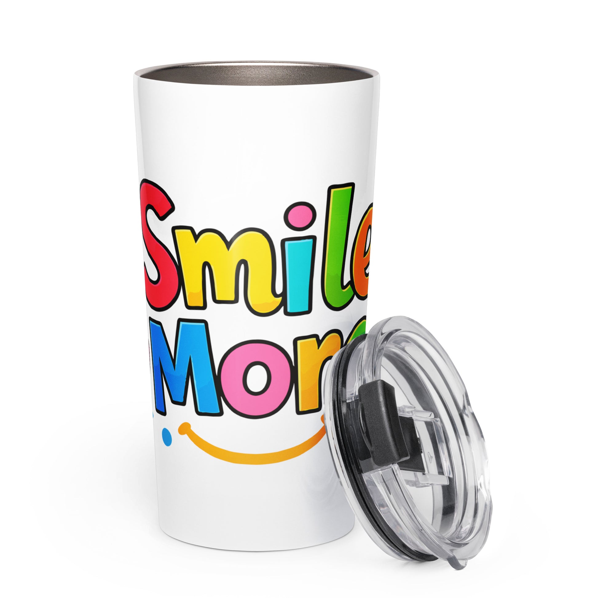 Smile More" bubbly lettering with a yellow sun-smile and pink heart on a black travel tumbler