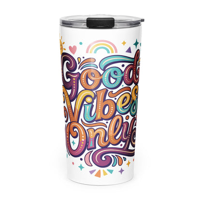 Insulated travel tumbler with 'Good Vibes Only' groovy text, rainbows, and sun illustrations in a retro 70s style.