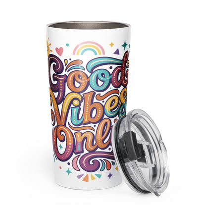 Insulated travel tumbler with 'Good Vibes Only' groovy text, rainbows, and sun illustrations in a retro 70s style.