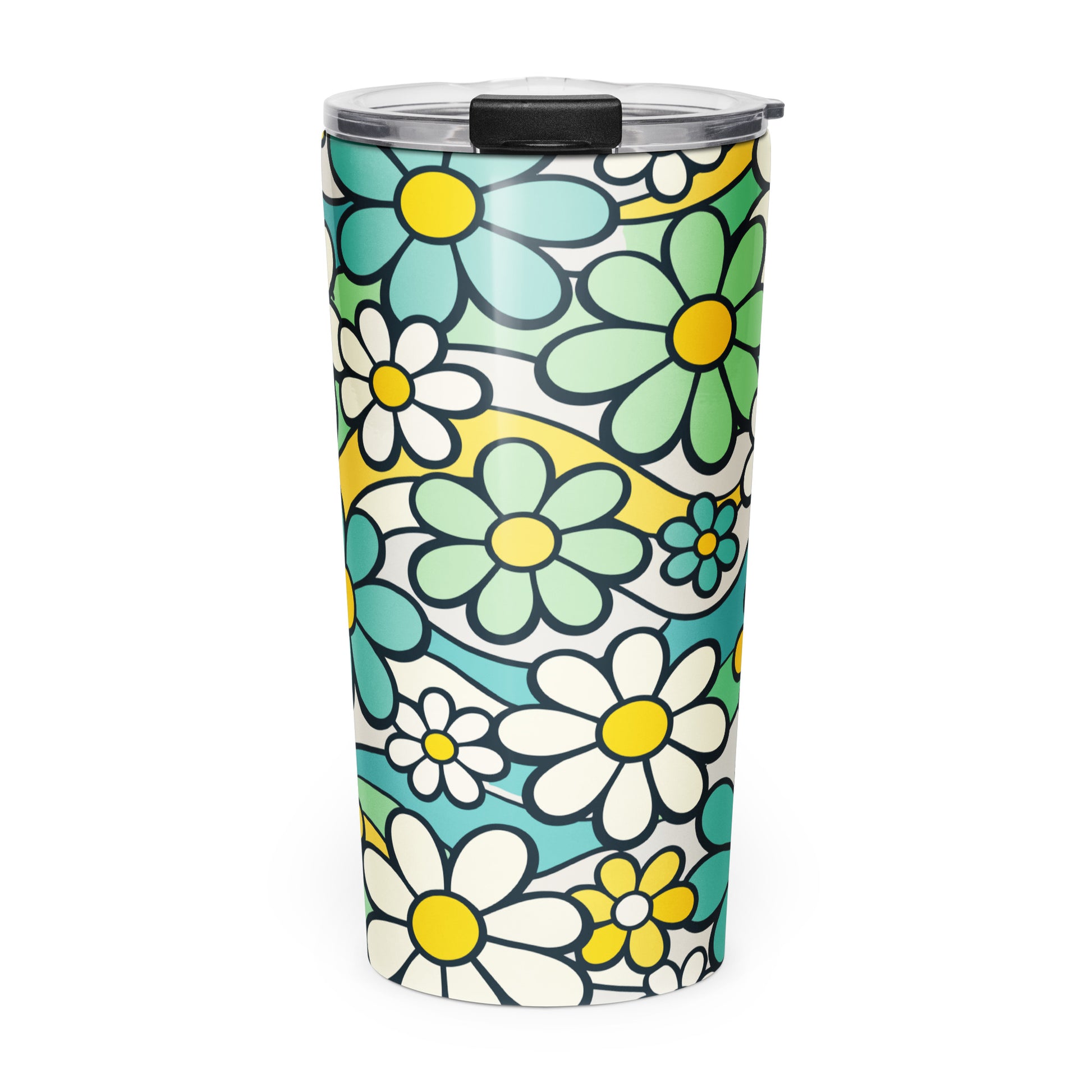 Insulated travel tumbler with a seamless 70s retro floral pattern featuring teal and yellow daisies and wavy lines.