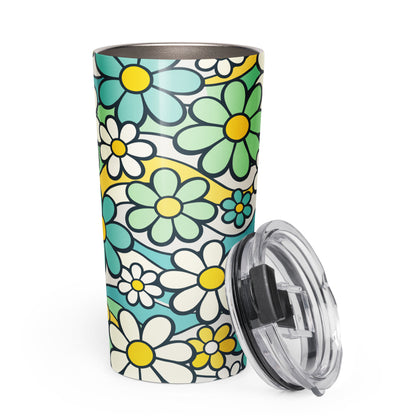 Insulated travel tumbler with a seamless 70s retro floral pattern featuring teal and yellow daisies and wavy lines.