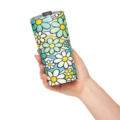 Insulated travel tumbler with a seamless 70s retro floral pattern featuring teal and yellow daisies and wavy lines.