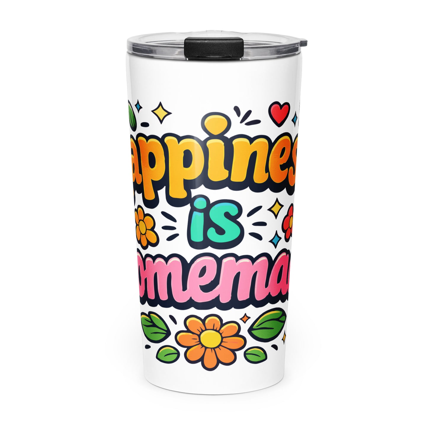 Groovy retro travel mug with 'Happiness is Homemade' text, surrounded by 70s flowers and hearts