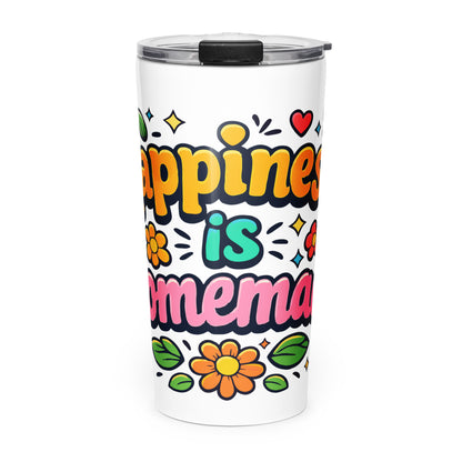 Groovy retro travel mug with 'Happiness is Homemade' text, surrounded by 70s flowers and hearts