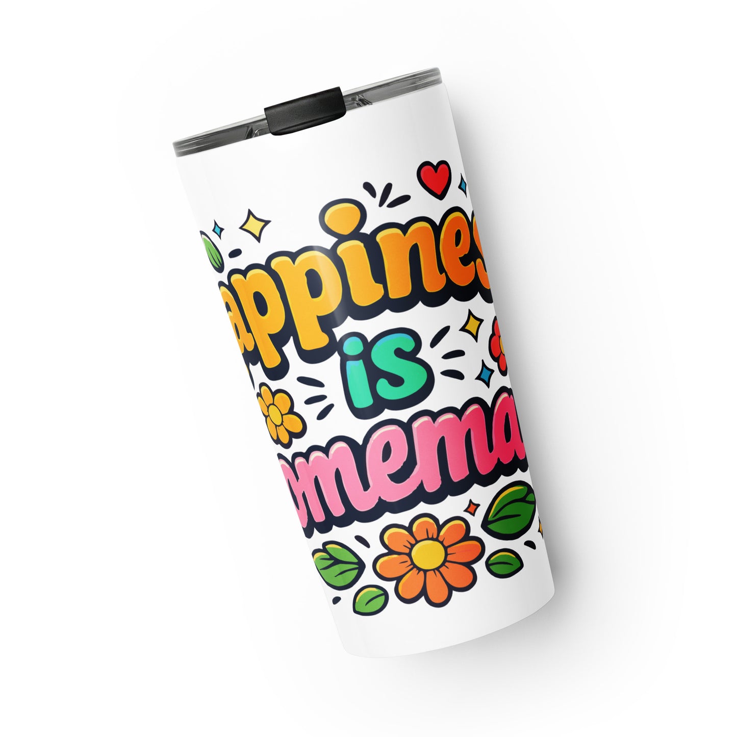 Groovy retro travel mug with 'Happiness is Homemade' text, surrounded by 70s flowers and hearts