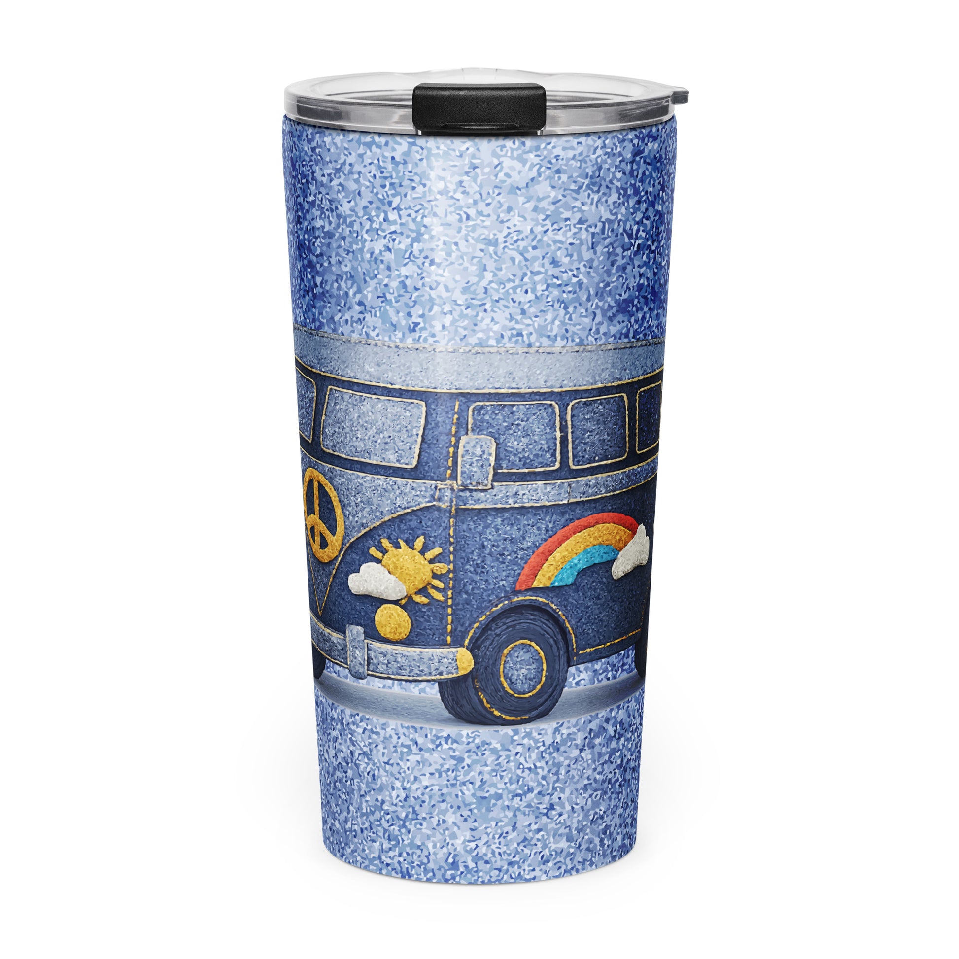 retro camper van design made of blue denim with embroidered peace sign, rainbow, and daisy patches for a travel mug.