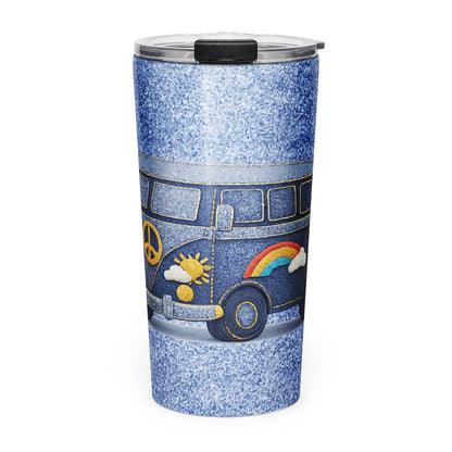 retro camper van design made of blue denim with embroidered peace sign, rainbow, and daisy patches for a travel mug.