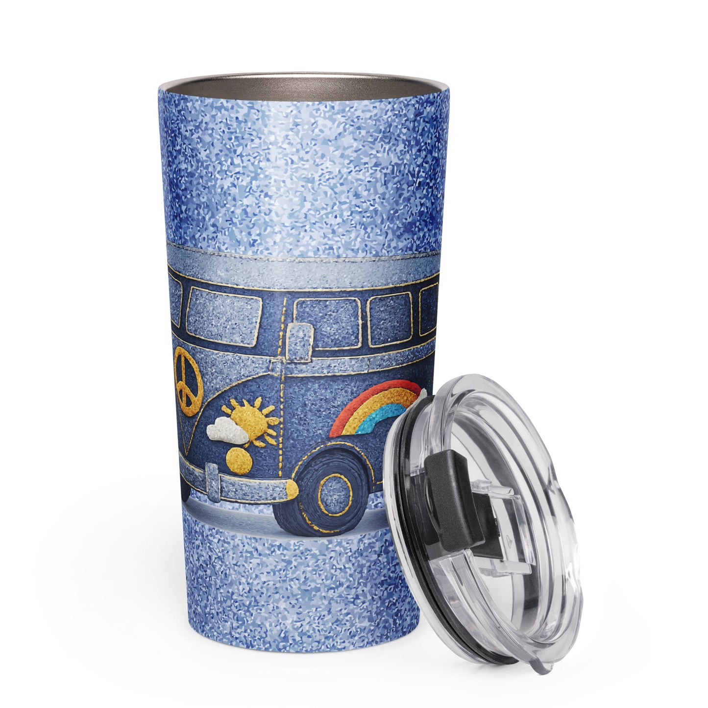 retro camper van design made of blue denim with embroidered peace sign, rainbow, and daisy patches for a travel mug.