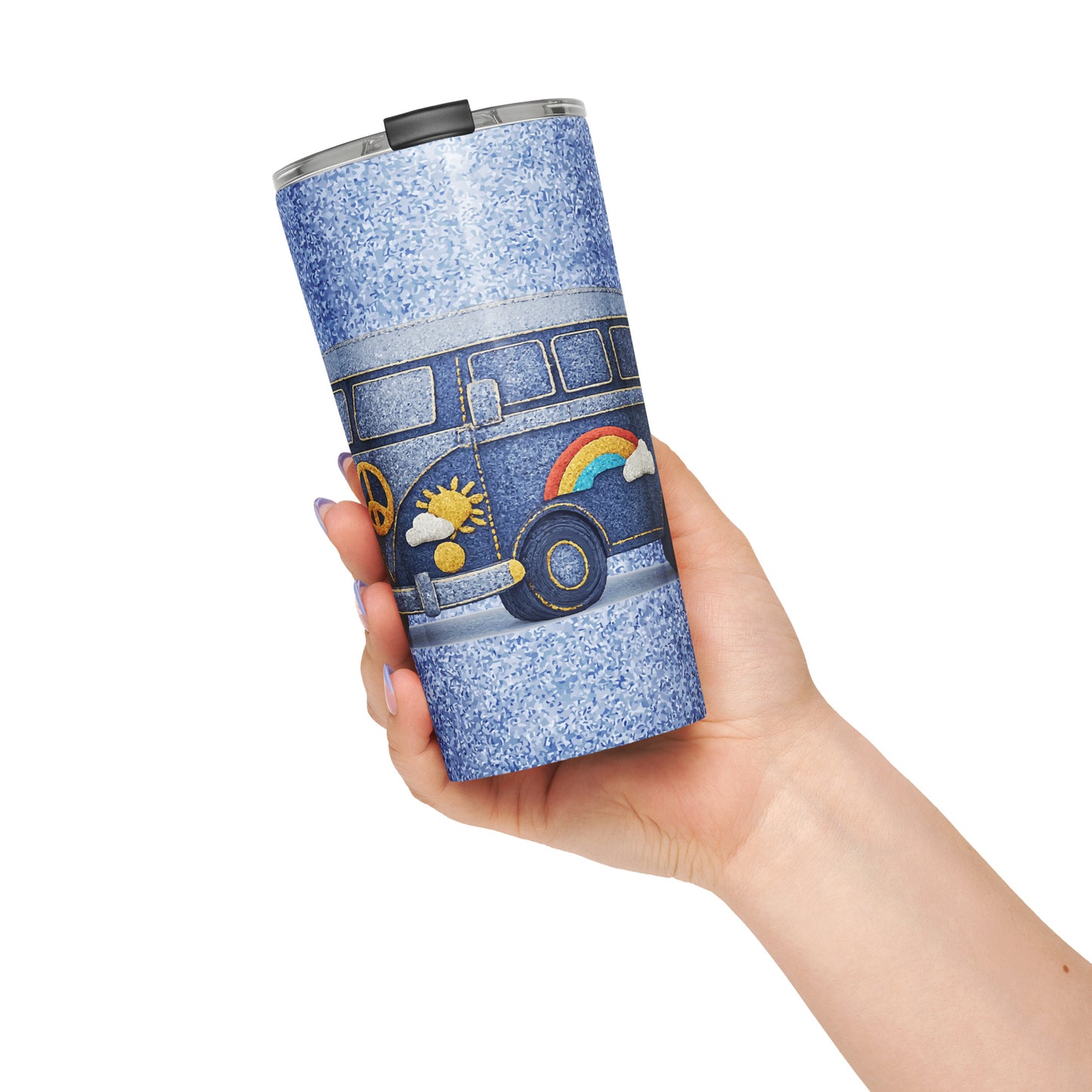 retro camper van design made of blue denim with embroidered peace sign, rainbow, and daisy patches for a travel mug.