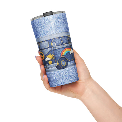 retro camper van design made of blue denim with embroidered peace sign, rainbow, and daisy patches for a travel mug.