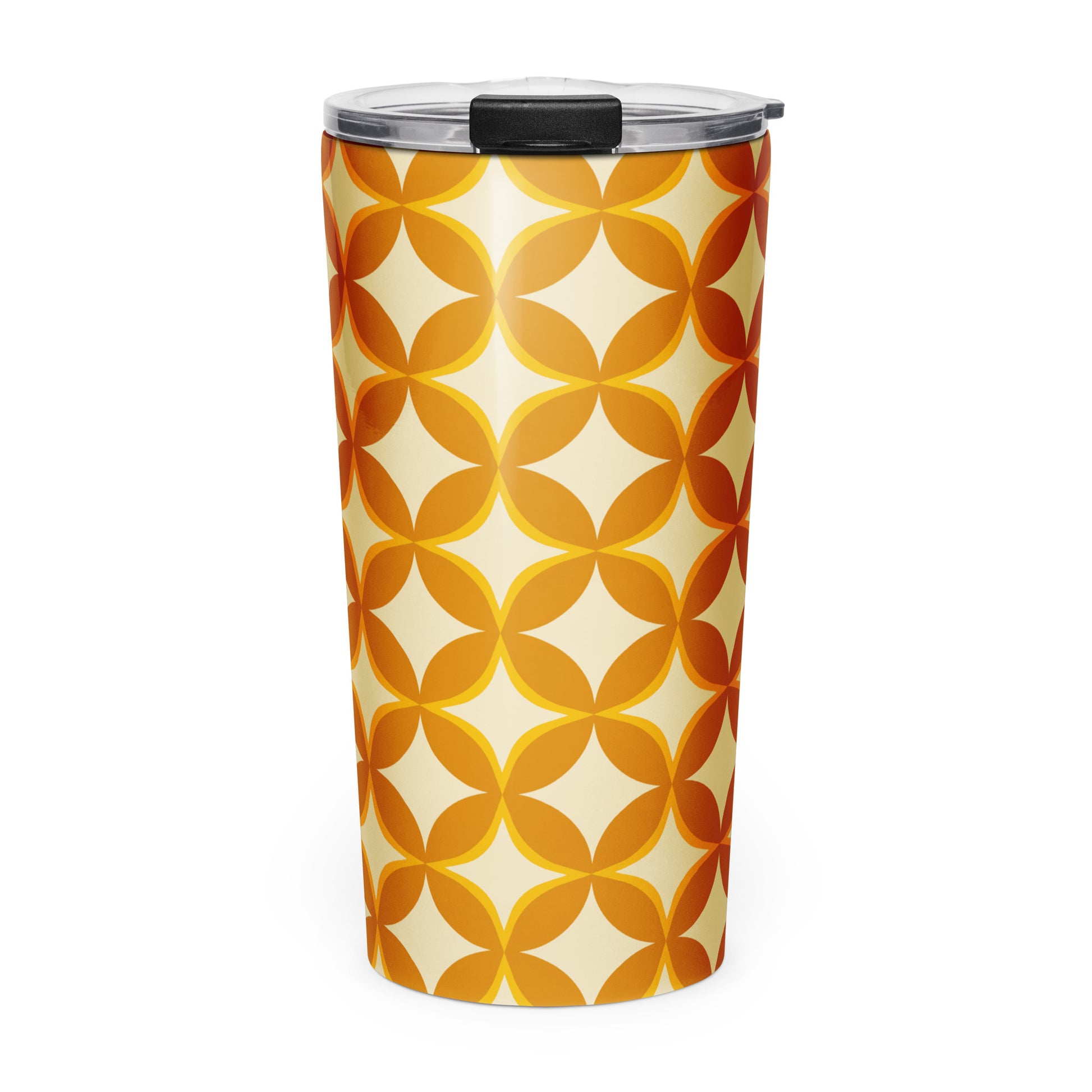 Insulated travel mug with a 1970s retro geometric pattern of interlocking orange and mustard petal shapes.