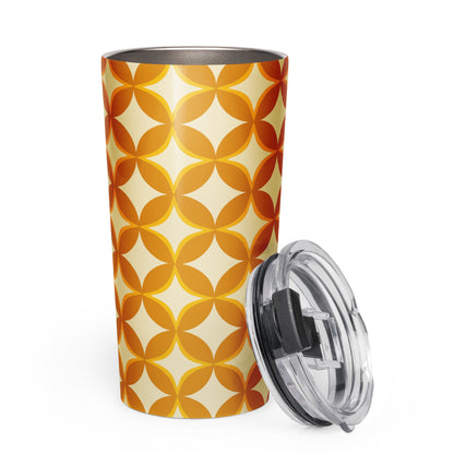 Insulated travel mug with a 1970s retro geometric pattern of interlocking orange and mustard petal shapes.