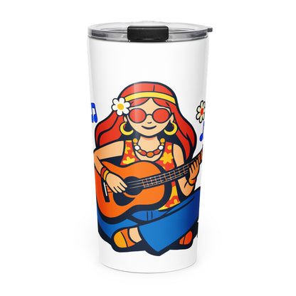 Retro illustration of a hippie girl with sunglasses playing guitar, printed on an insulated stainless steel tumbler.
