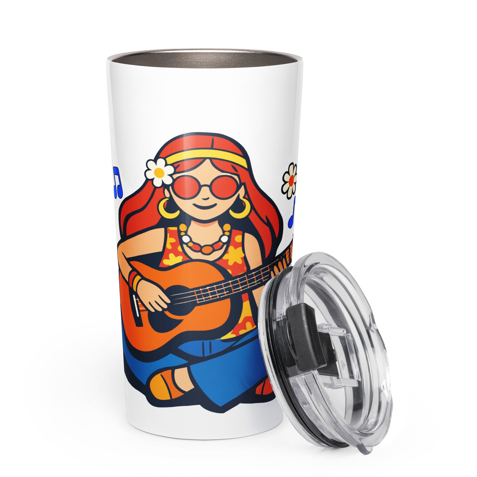Retro illustration of a hippie girl with sunglasses playing guitar, printed on an insulated stainless steel tumbler.