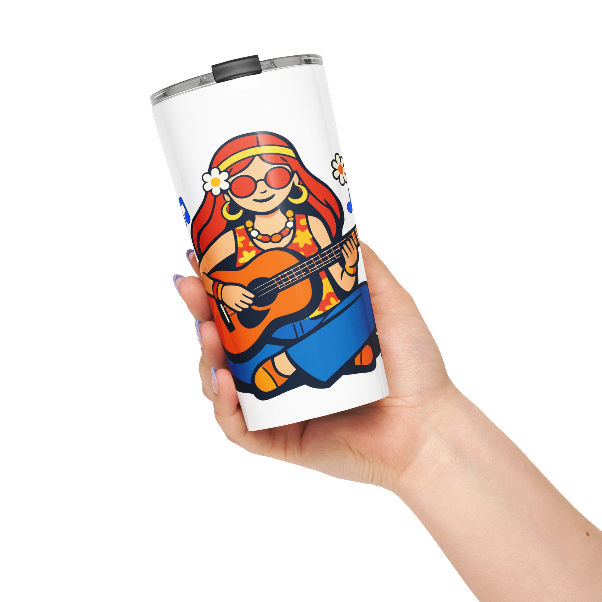 Retro illustration of a hippie girl with sunglasses playing guitar, printed on an insulated stainless steel tumbler.