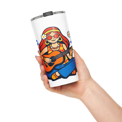 Retro illustration of a hippie girl with sunglasses playing guitar, printed on an insulated stainless steel tumbler.