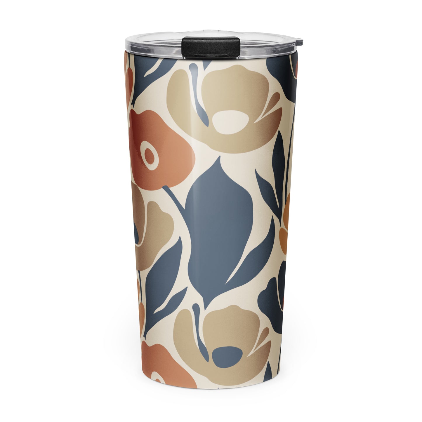 Stainless steel travel tumbler featuring a seamless retro floral print in terracotta, ochre, and deep navy blue.
