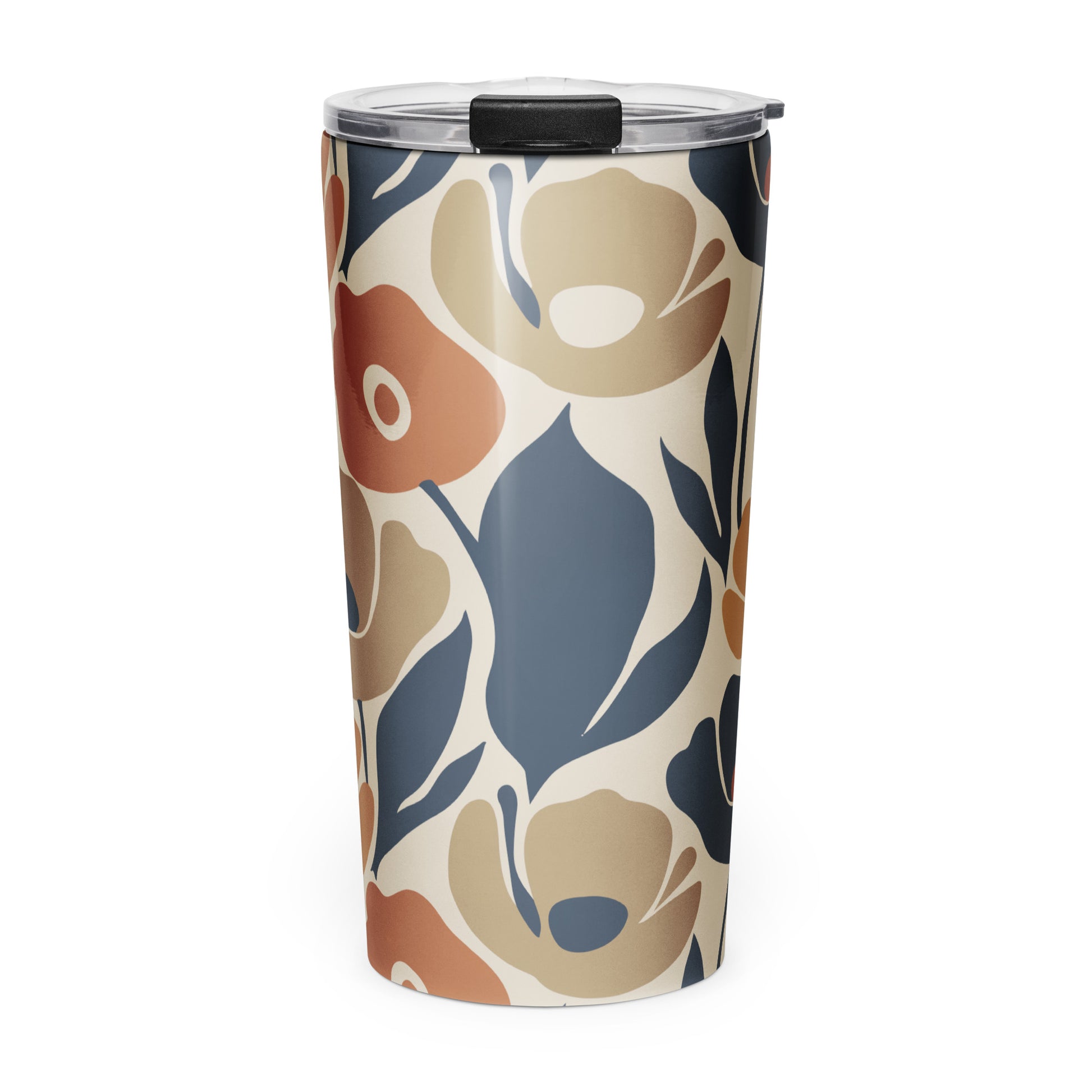 Stainless steel travel tumbler featuring a seamless retro floral print in terracotta, ochre, and deep navy blue.
