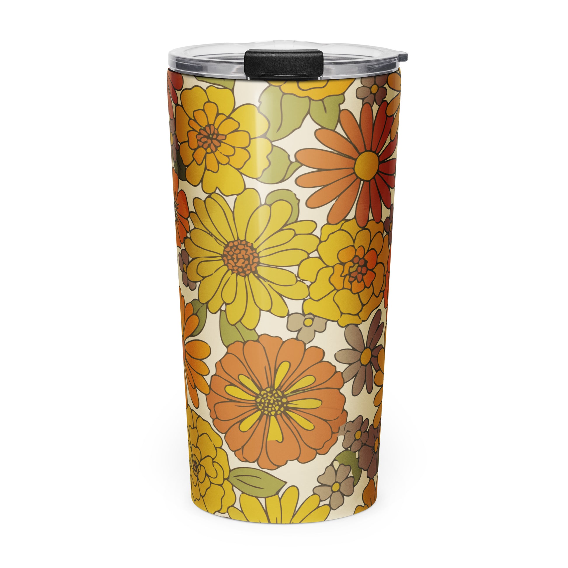 A stainless steel travel tumbler featuring a seamless retro groovy floral pattern with warm orange and yellow daisy blooms.