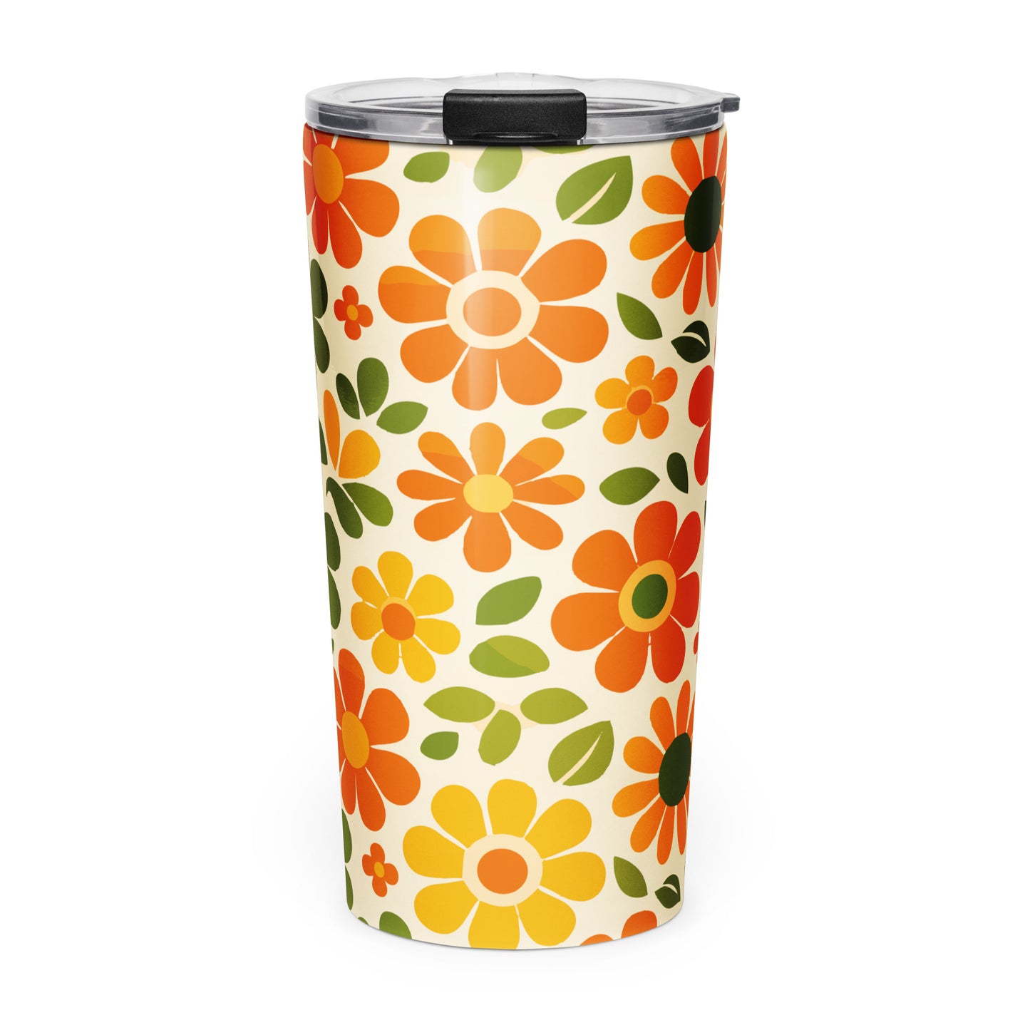 Groovy 1970s retro flower power floral pattern wrapping a stainless steel travel mug with vibrant orange daisy details.