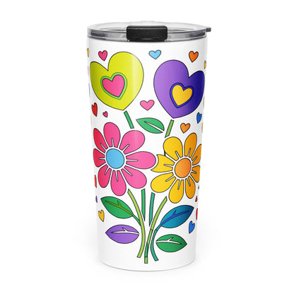 Bright 70s retro style illustration of pink and yellow daisy flowers with colorful heart bouquets. Faroutgoods
