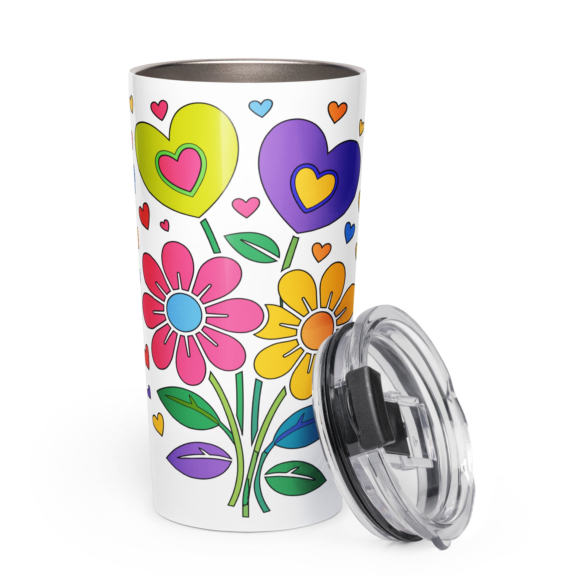 Bright 70s retro style illustration of pink and yellow daisy flowers with colorful heart bouquets. Faroutgoods