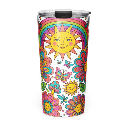Retro 70s psychedelic style illustration with colorful smiling flowers, a happy sun, vibrant rainbows, and mushrooms.