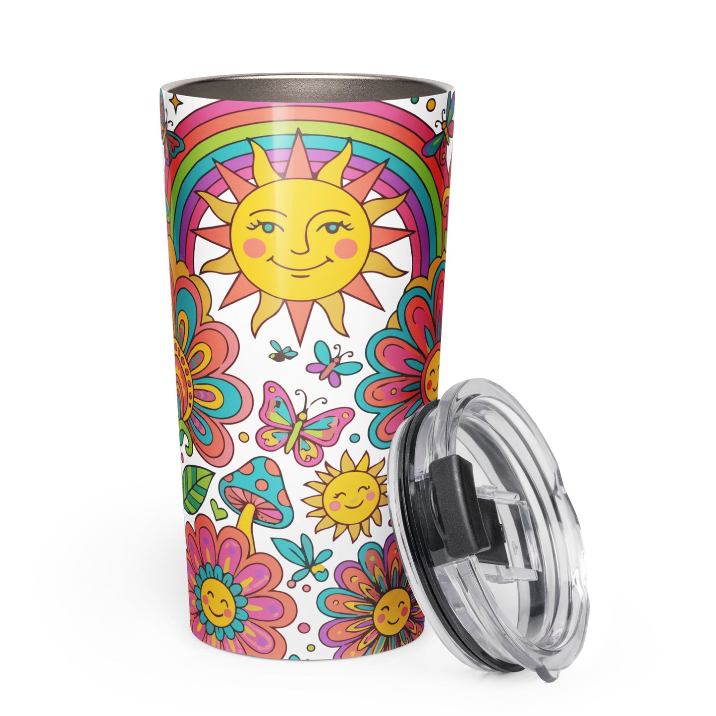 Retro 70s psychedelic style illustration with colorful smiling flowers, a happy sun, vibrant rainbows, and mushrooms.