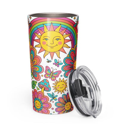 Retro 70s psychedelic style illustration with colorful smiling flowers, a happy sun, vibrant rainbows, and mushrooms.