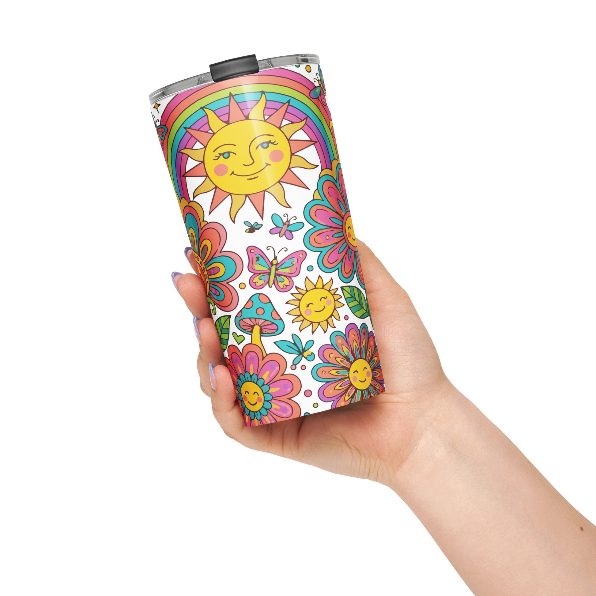 Retro 70s psychedelic style illustration with colorful smiling flowers, a happy sun, vibrant rainbows, and mushrooms.