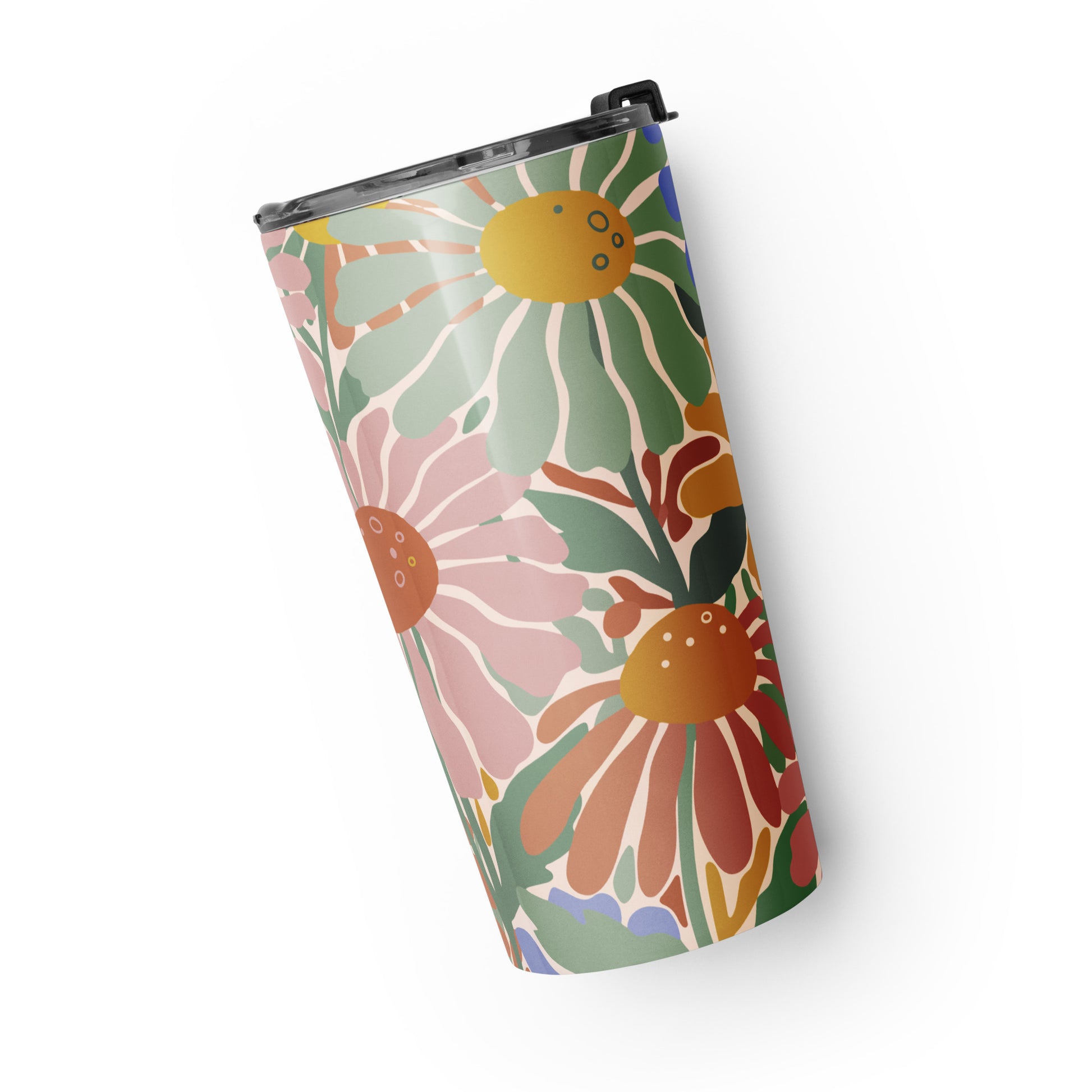 Retro 70s style flower power pattern with pink, green, and orange daisies on a bohemian insulated travel mug tumbler.