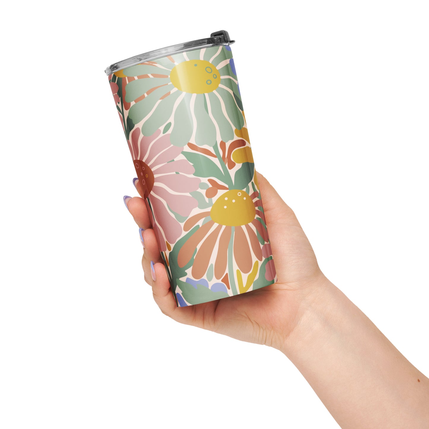 Retro 70s style flower power pattern with pink, green, and orange daisies on a bohemian insulated travel mug tumbler.